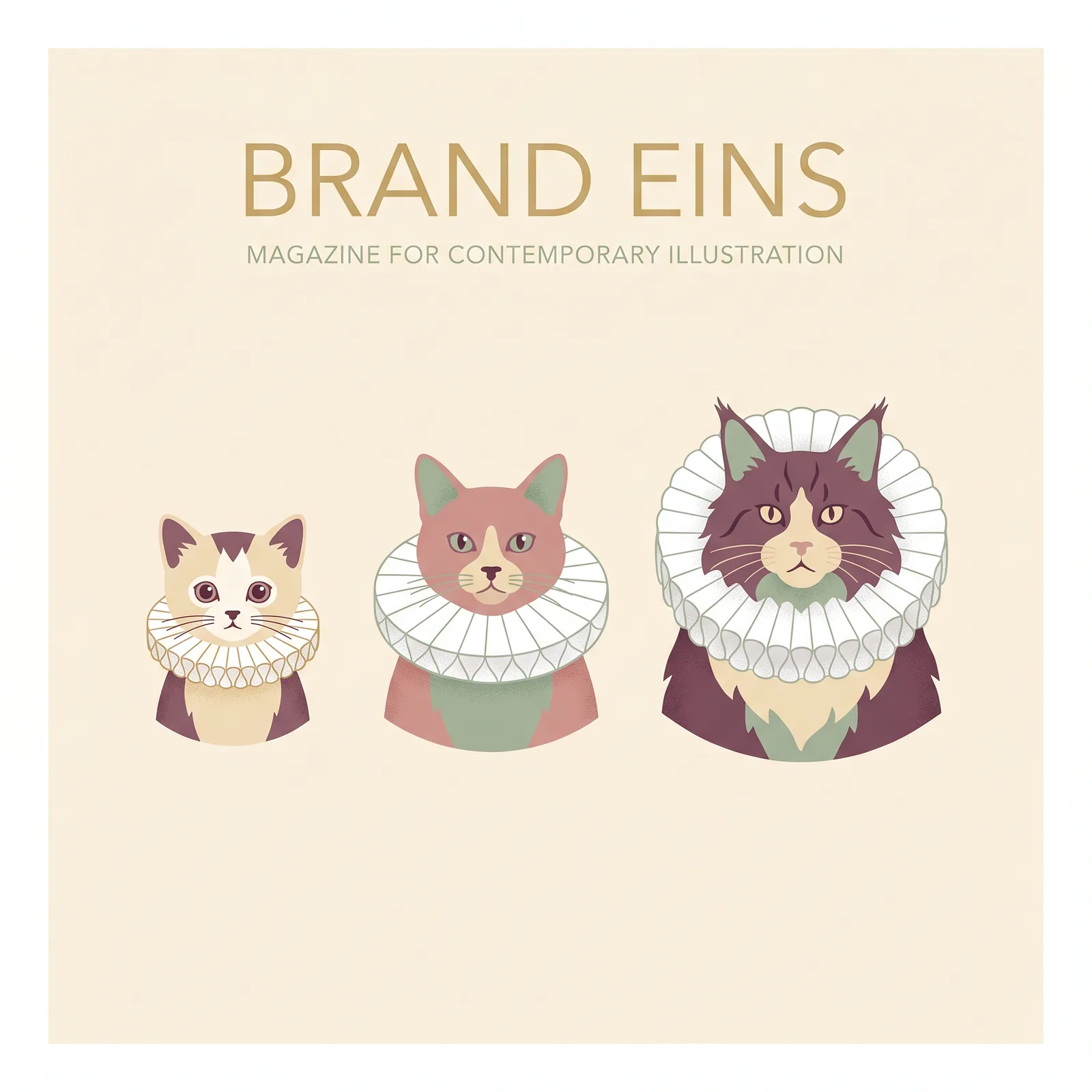 Editorial-Illustration: drei Katzenportraits in unterschiedlicher Größe mit proportional skalierter weißer Halskrause — vom Kitten bis zur Maine Coon.