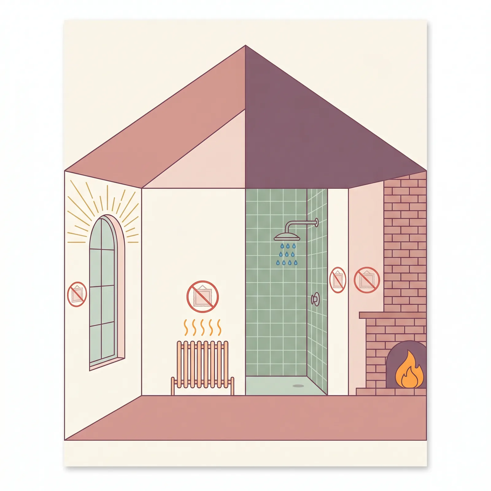 Editorial-Illustration: Querschnitt einer Wohnung mit vier markierten Orten, an denen eine Leinwand NICHT aufgehängt werden sollte — vor Fenster, über Heizung, im Bad, vor Kamin.