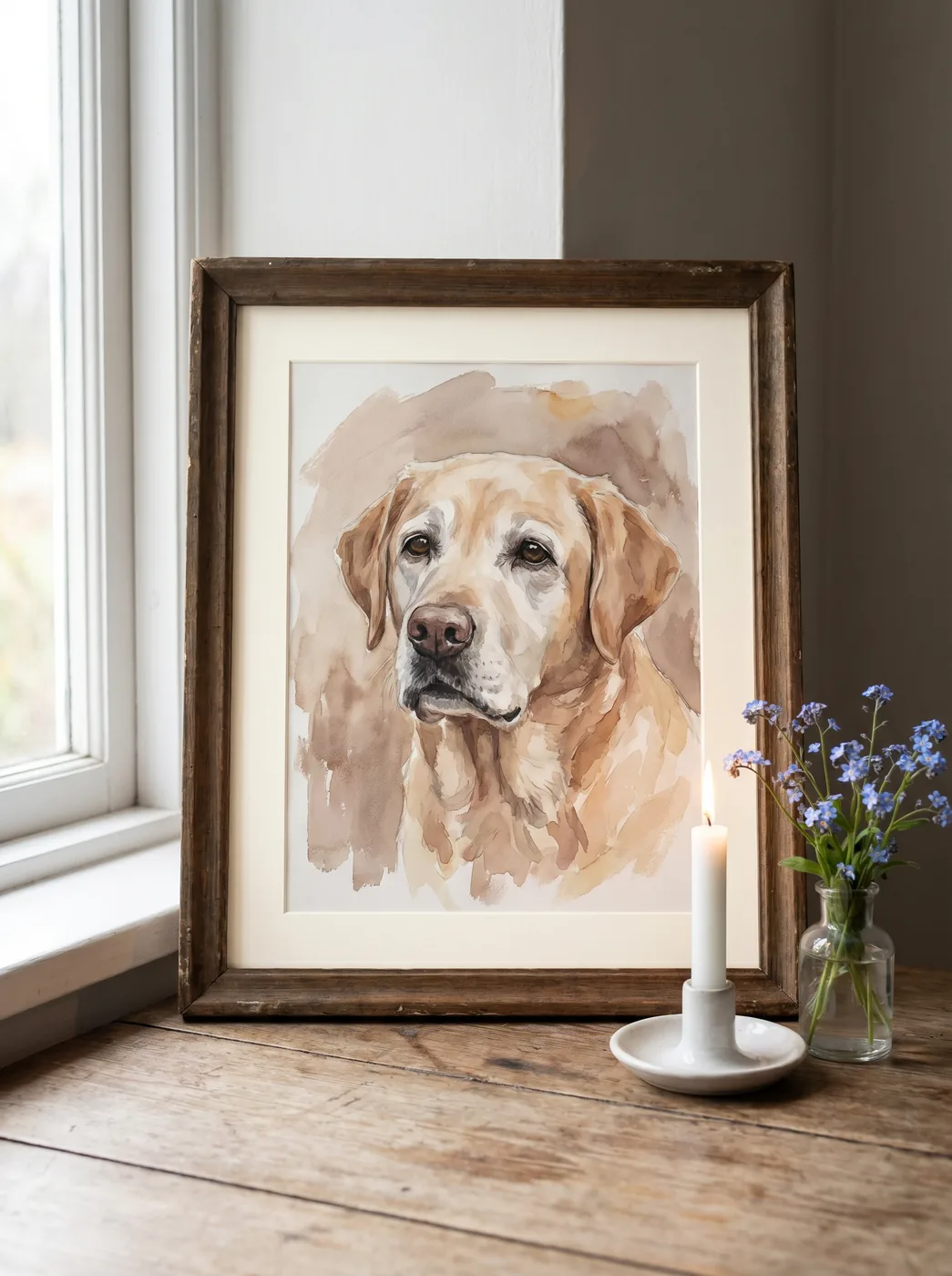 Aquarell-Memorial-Tierportrait eines älteren Labrador Retrievers in zarten Erdtönen, auf einer Holzfläche neben einer weißen Kerze und einem kleinen Vergissmeinnicht-Strauß bei sanftem Tageslicht.