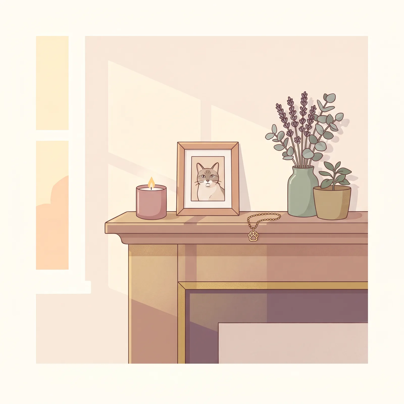 Editorial-Illustration: ruhige Memorial-Szene mit gerahmtem Tierportrait, Kerze, Pfotenabdruck-Andenken und Lavendel auf einem Holzregal mit Tageslicht.