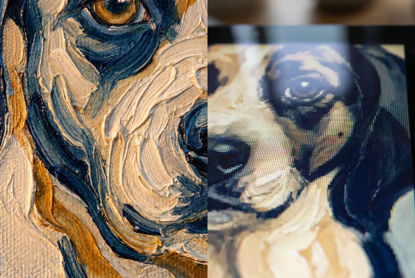 Makro-Vergleich: links der dicke Öl-Pinselstrich auf Leinwand, rechts dasselbe Hundeportrait auf einem Tablet-Bildschirm mit feinen Pixeln.