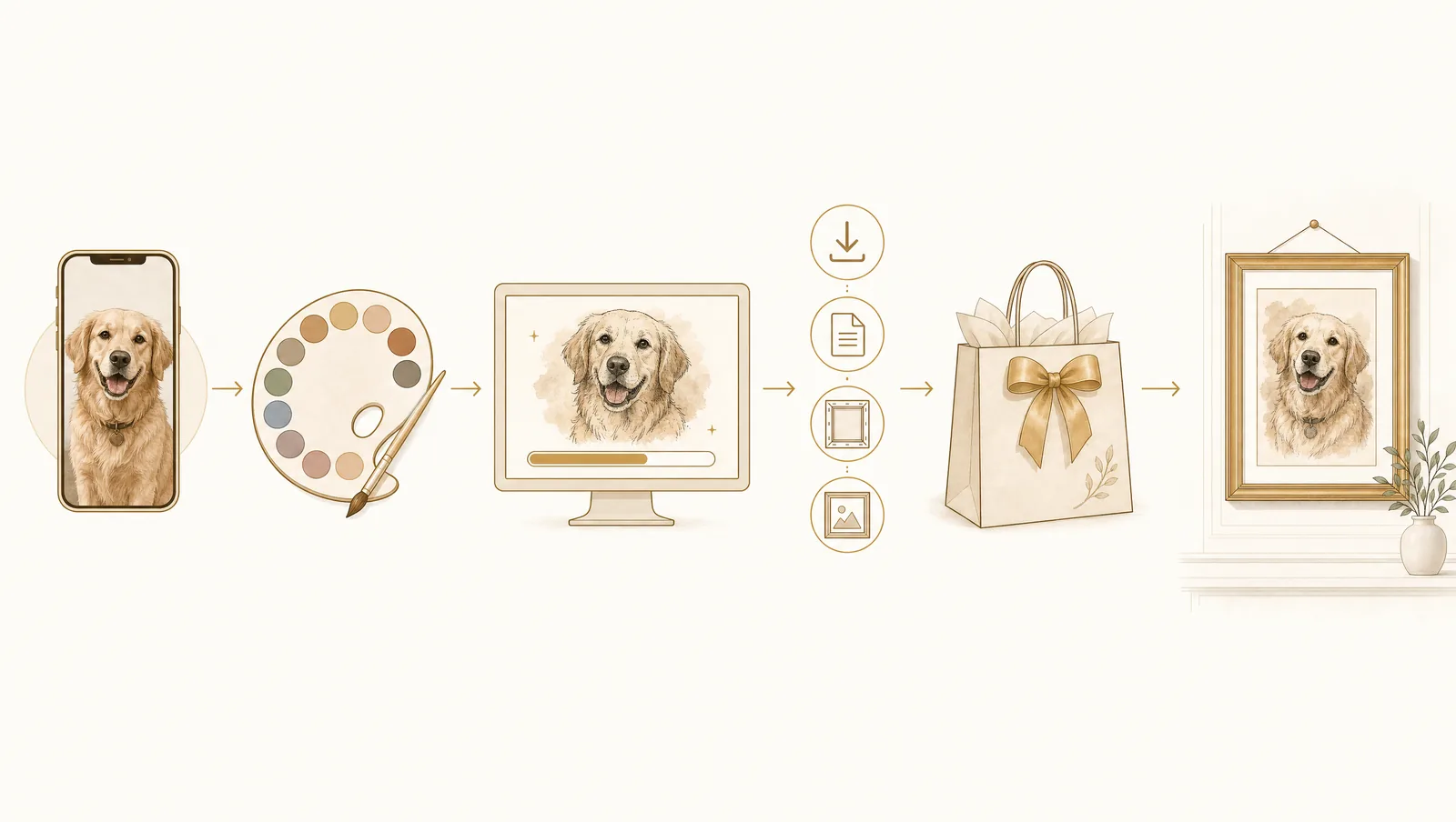 Editorial-Infografik: sechs Schritte des Tierportrait-Prozesses als Icons mit Pfeilen — Smartphone-Foto, Stilauswahl, KI-Vorschau, Druckformate, Bestellung und Lieferung des fertigen Portraits.