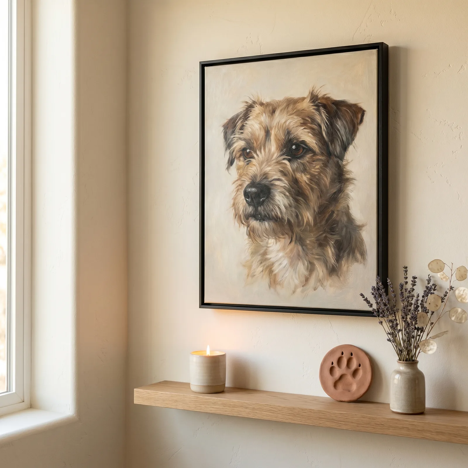 Gerahmtes Hundeportrait im schwarzen Floater-Rahmen an einer cremefarbenen Wand über einem Eichen-Sims mit Kerze, Pfotenabdruck-Andenken und getrocknetem Lavendel — ruhiger Erinnerungsplatz für ein verstorbenes Haustier.