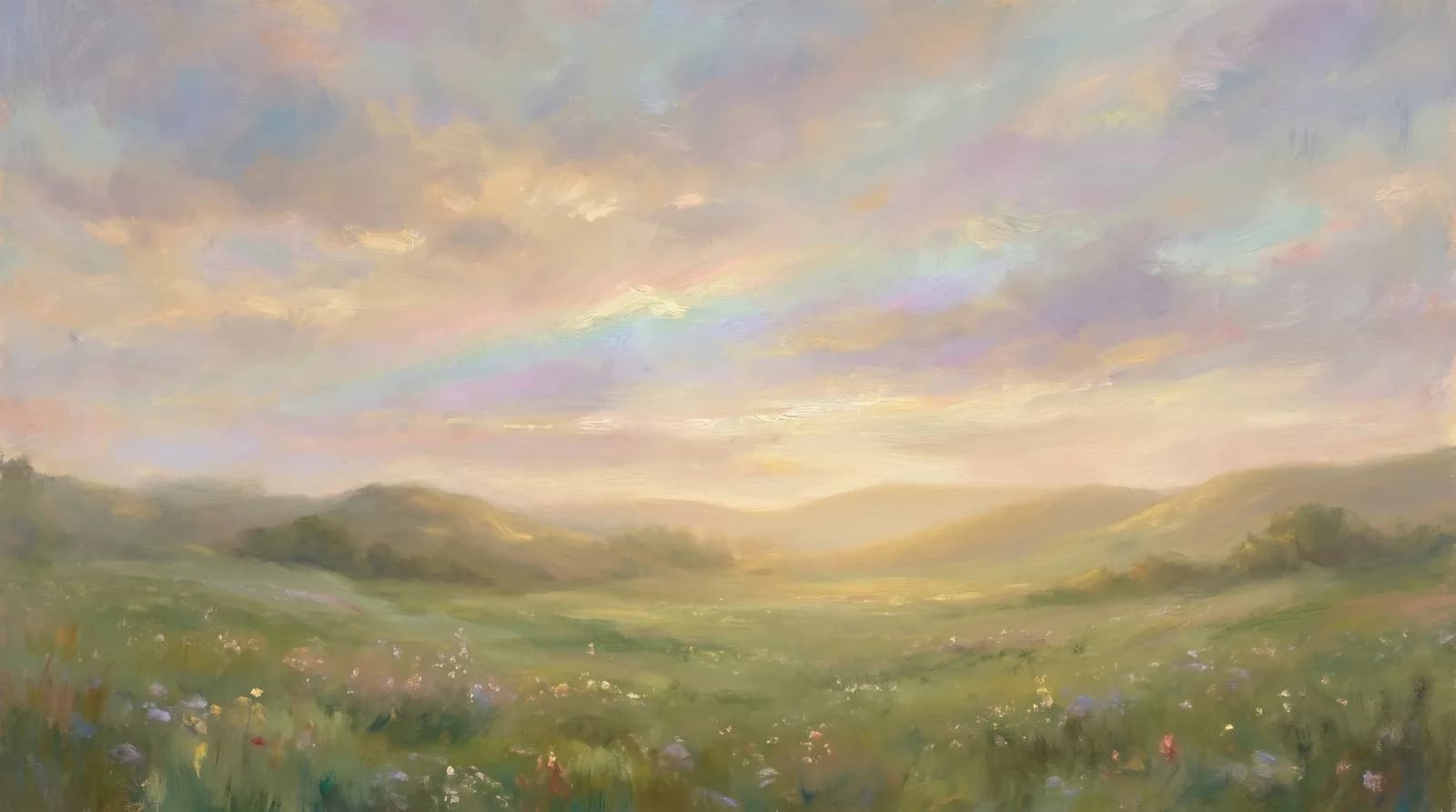 Impressionistische Ölmalerei einer friedlichen grünen Wiese mit sanften Hügeln unter einem pastellfarbenen Morgenhimmel mit zartem prismatischem Lichtschimmer — sinnbildlich für die Regenbogenbrücke, ohne literalen Regenbogen.