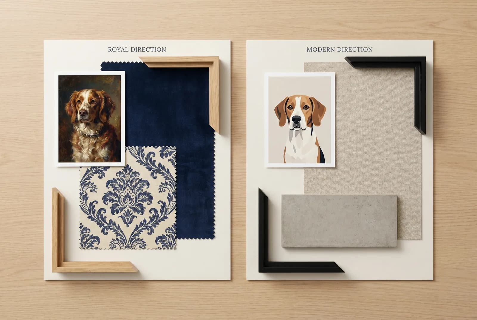 Zwei Moodboards nebeneinander: links die royale Richtung mit Eichen-Rahmenmuster, Samt und Damast, rechts die moderne Richtung mit schwarzem Rahmenmuster, Leinen und Beton — jeweils mit passendem Portrait-Print.