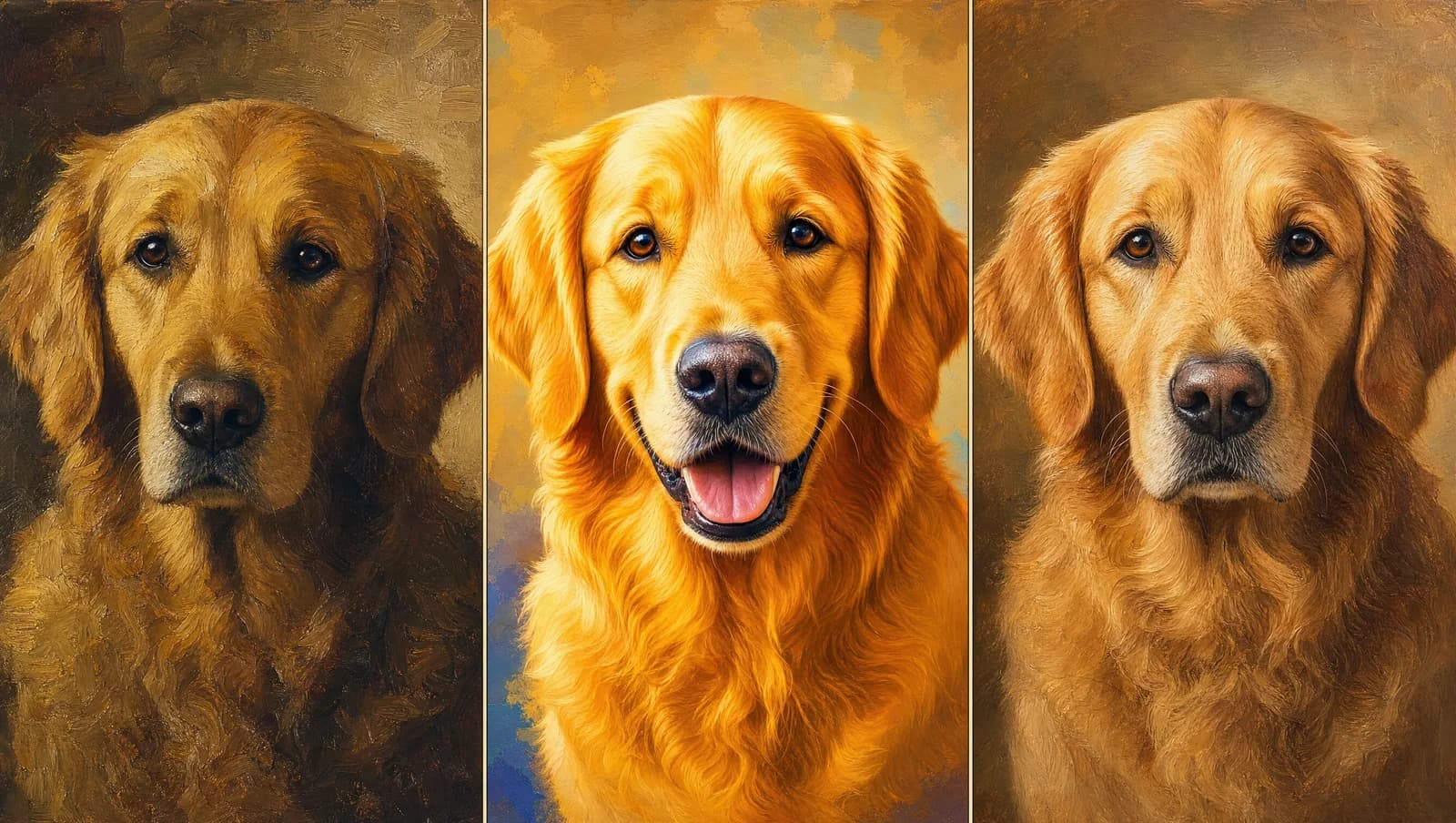 Triptychon-Vergleich: derselbe Golden Retriever als Tierportrait in drei Varianten — handgemaltes Ölgemälde mit sichtbaren Pinselstrichen, generisches KI-Filter-Ergebnis und hybride KI mit handgeprüfter Verfeinerung.