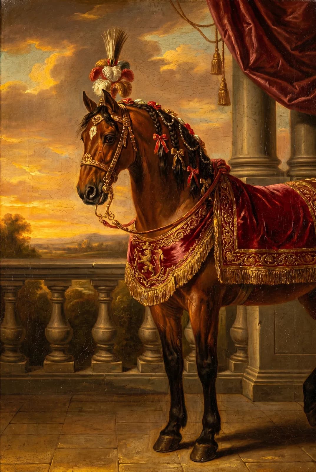Klassisches Barock-Pferdeportrait als Ölgemälde — braunes Paradepferd mit Federbusch, geflochtener Mähne, rotem Samt-Satteltuch mit Goldstickerei und Löwenwappen vor Palastkulisse mit Säulen und Abendhimmel.