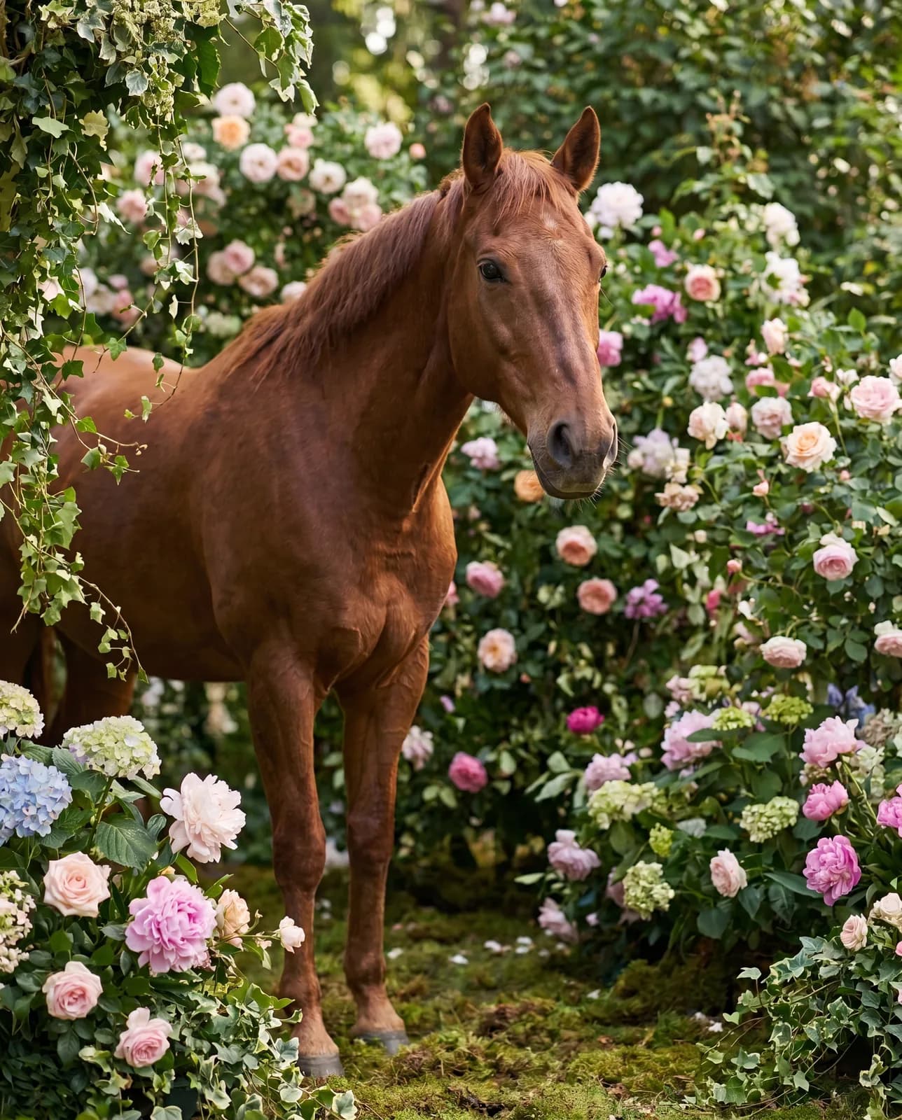 Botanisches Pferdeportrait — Pferd umgeben von Rosen und Hortensien in weichem Tageslicht.