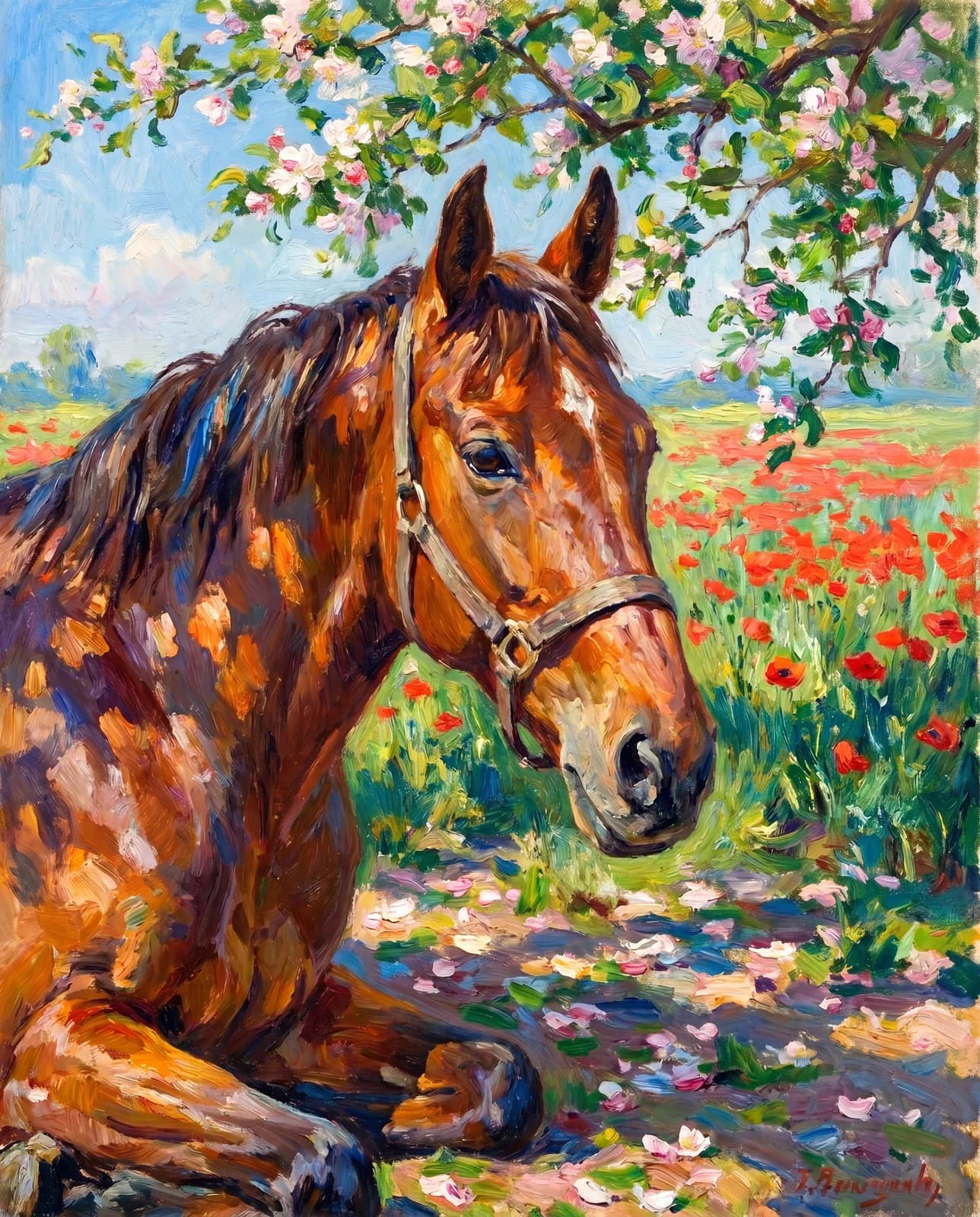 Impressionistisches Pferdeportrait — Pferd in sonnigem Blumengarten mit lebendigen Pinselstrichen.