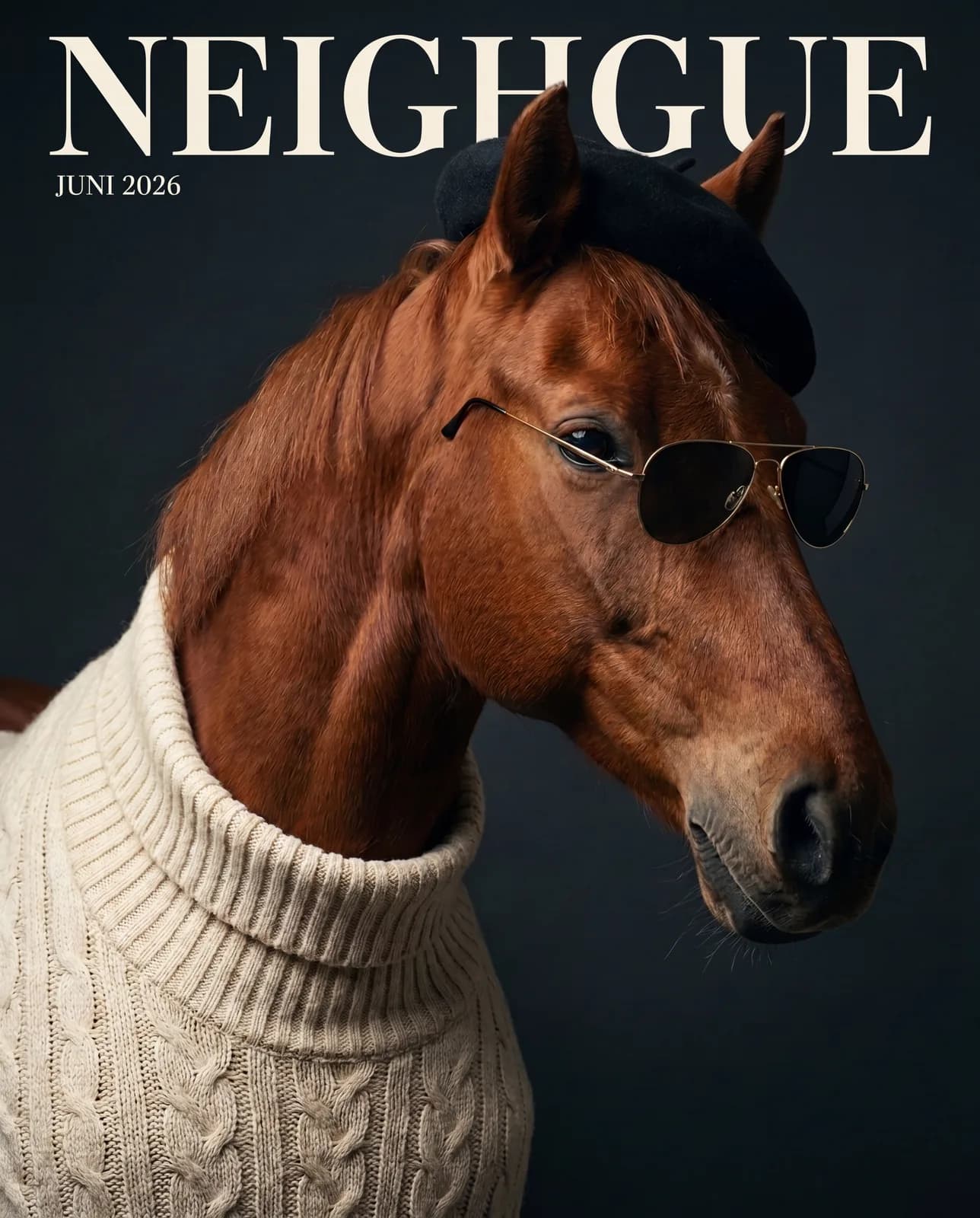 Modernes Pferdeportrait als Magazincover mit dem Schriftzug NEIGHGUE — Pferd mit Sonnenbrille und Strickpullover.