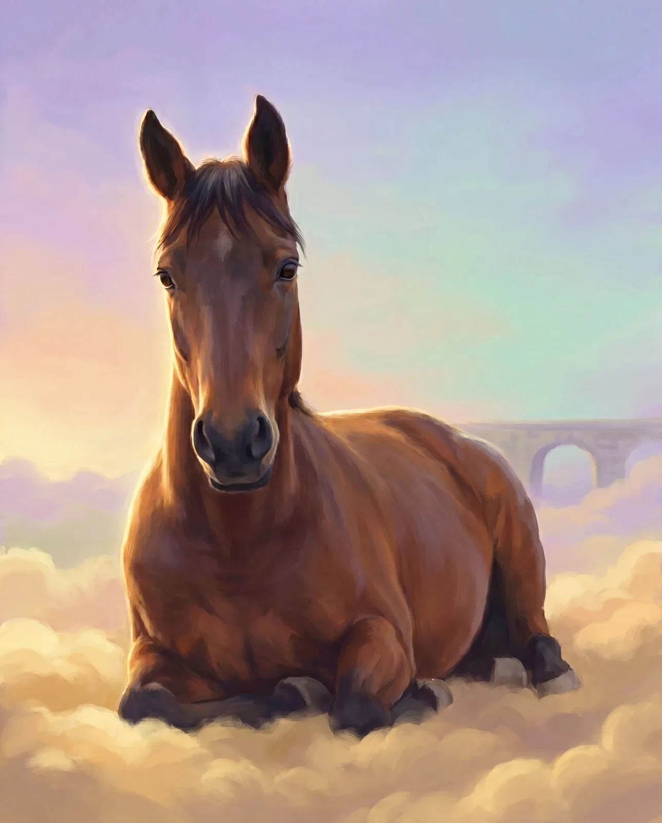 Pferdeportrait im Regenbogenbrücke-Stil — Pferd über weichen goldenen Wolken mit pastellfarbenem Himmelsschimmer, als würdevolles Andenken.