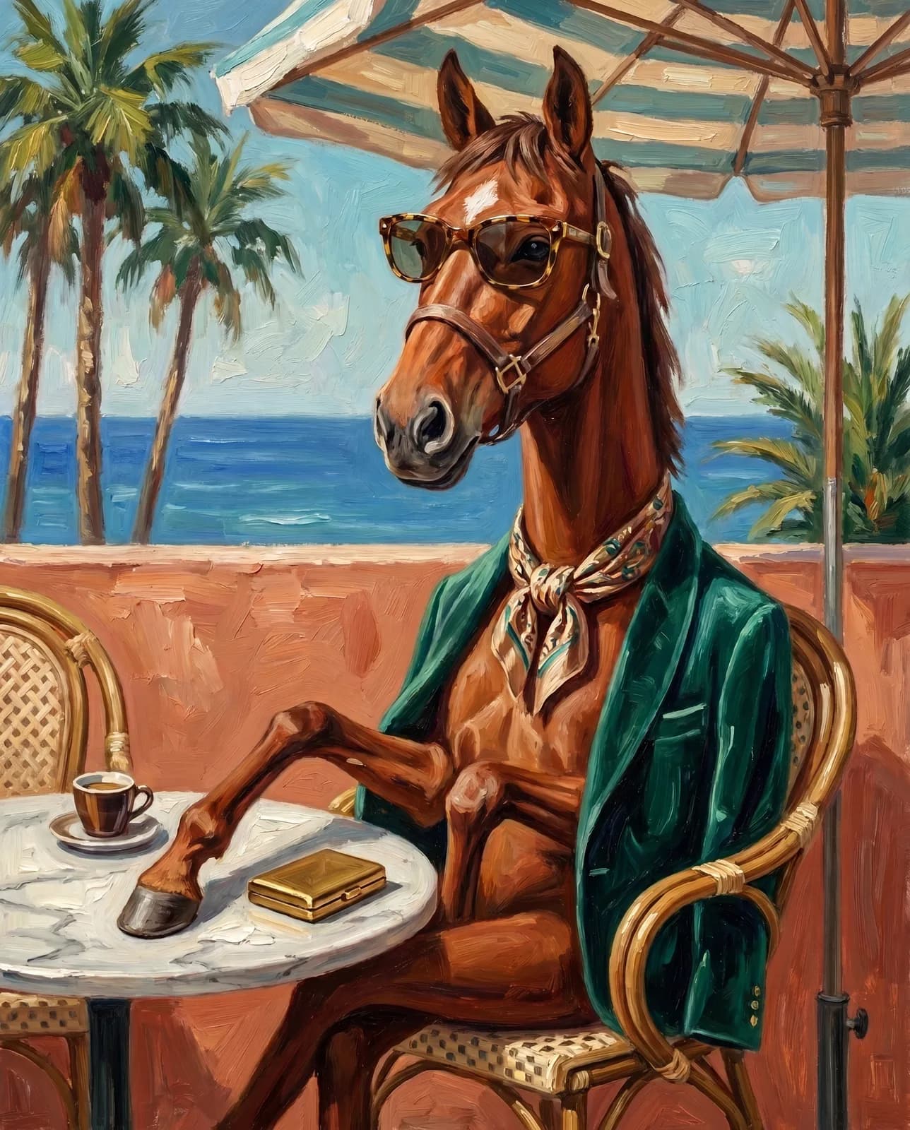 Pferdeportrait im Riviera-Editorial-Stil — Pferd als entspannter Lebemann an der italienischen Küste, in dicker Öl-Textur gemalt.