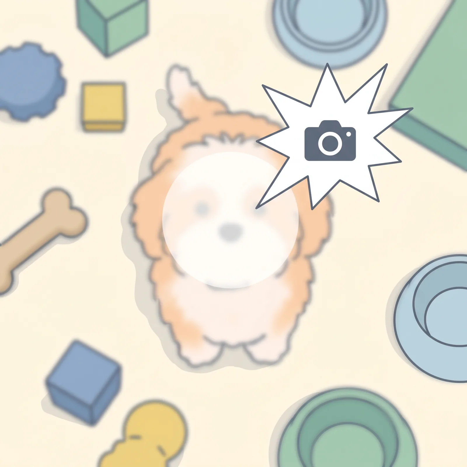 Illustration: Hund von oben fotografiert, unscharfes Gesicht, Blitzlicht, Spielzeug verstreut — typischer Fehler beim Tierportrait-Foto.