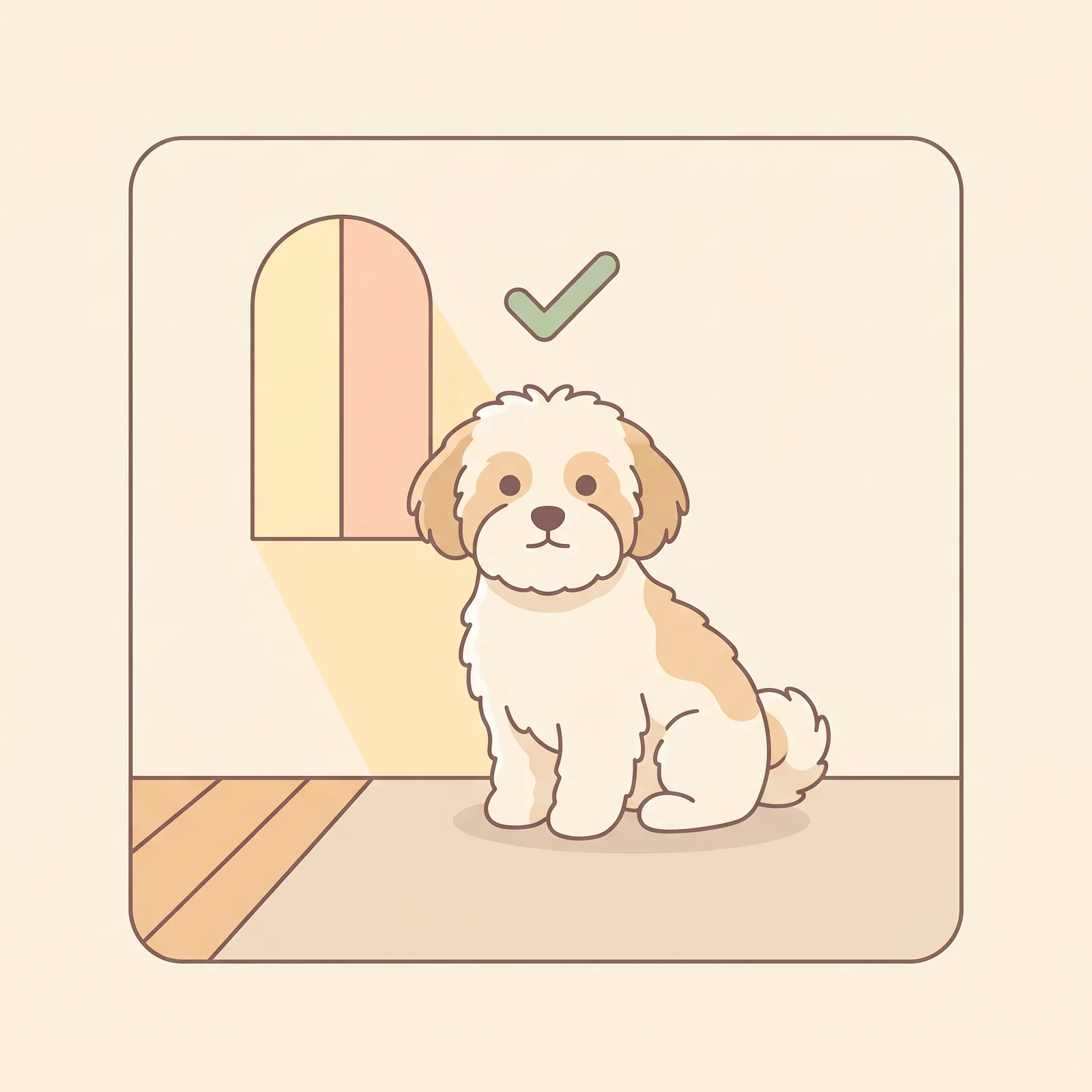 Illustration: Hund auf Augenhöhe sitzend, weiches Tageslicht aus dem Fenster, klare Pose, ruhiger Hintergrund — ideales Foto für ein KI-Tierportrait.