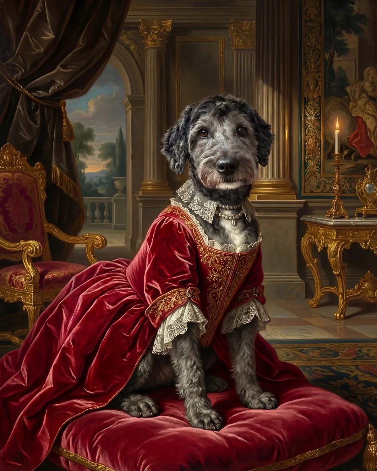 Digitales Portrait: Barock-Portrait von Labradoodle Paula als 4K-Datei