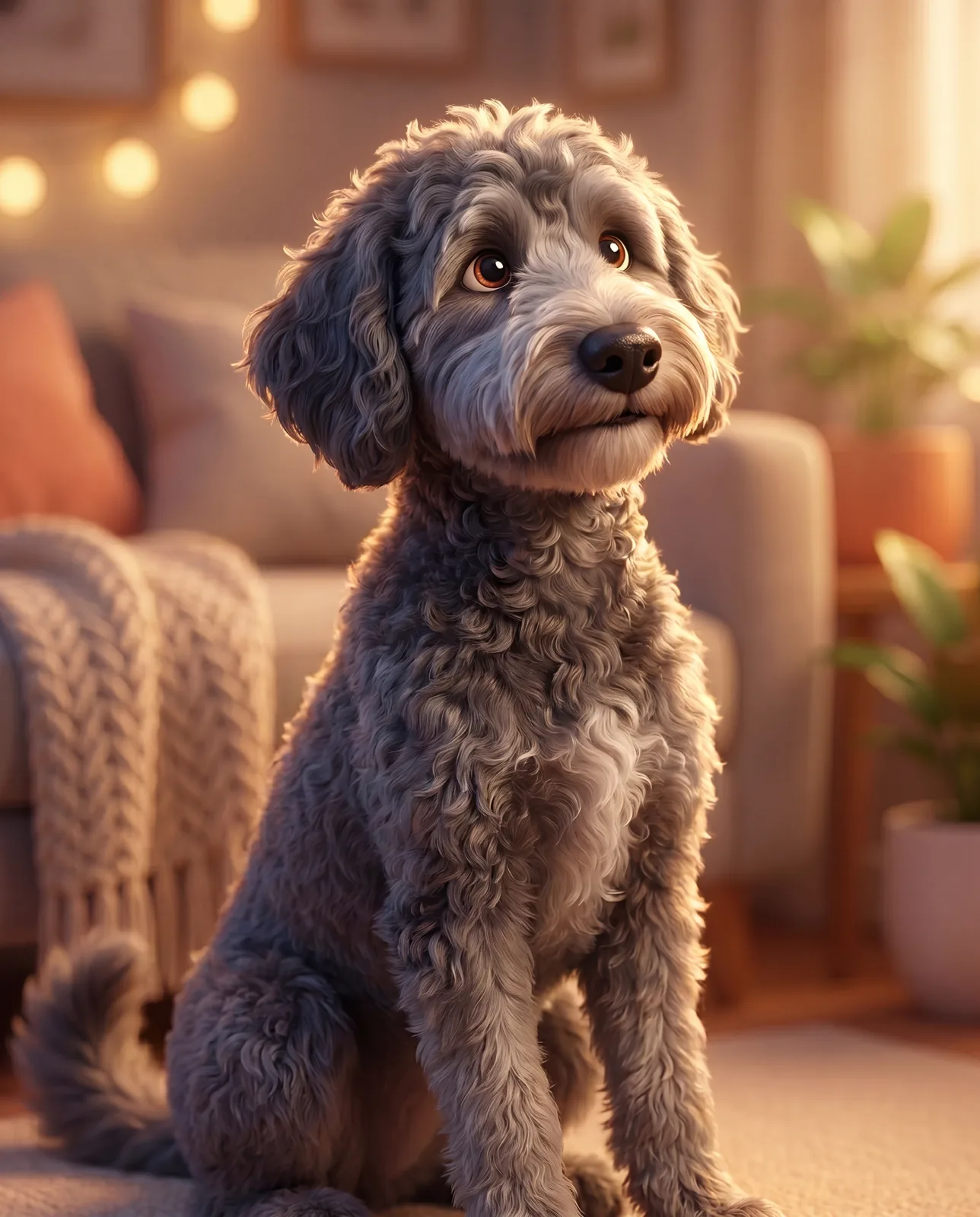 Pixar-3D-Portrait von Labradoodle Paula im warmen Wohnzimmer